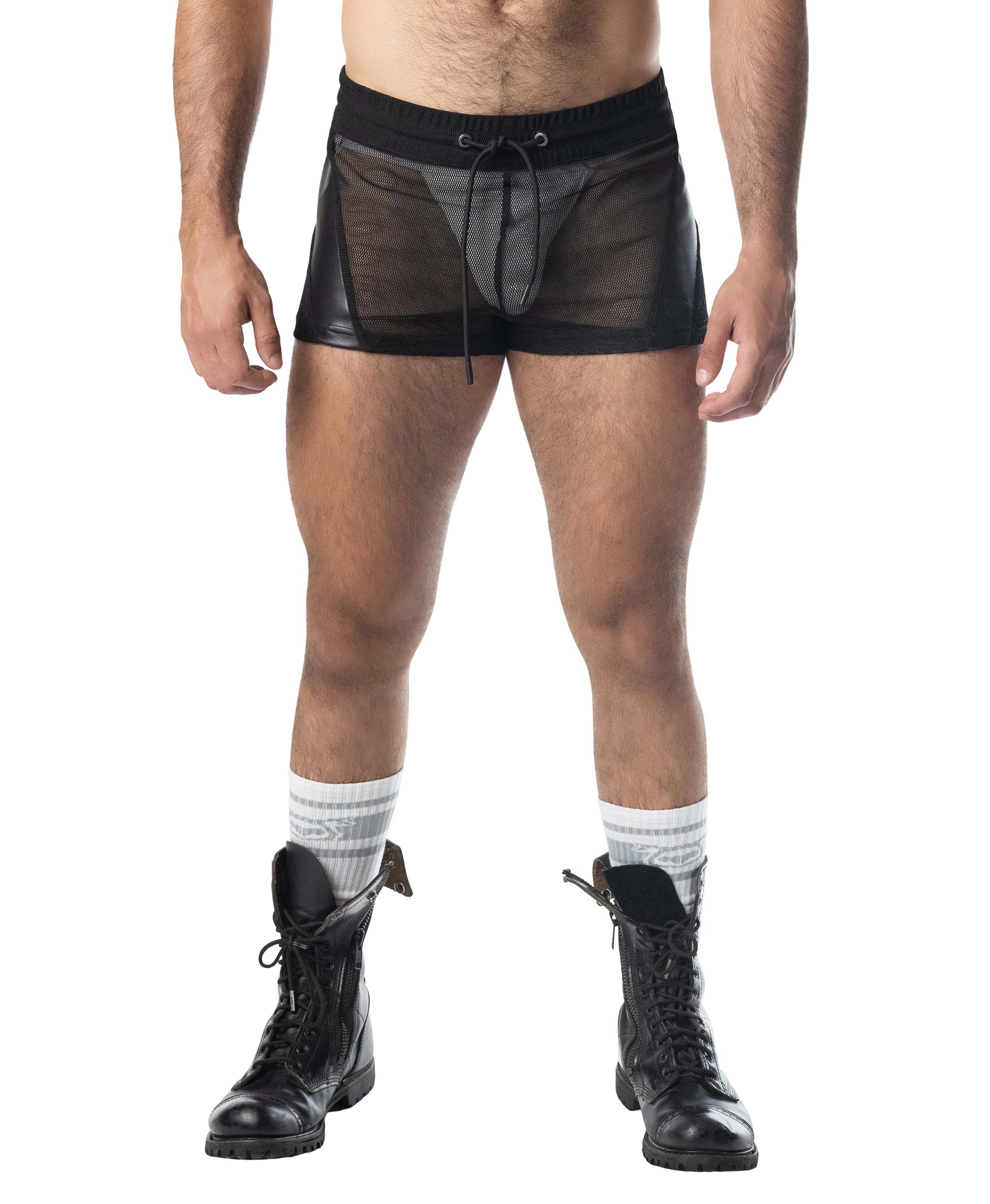 Intake trunk short black mesh boxer shorts with drawstring waistband and shiny faux-leather side panels