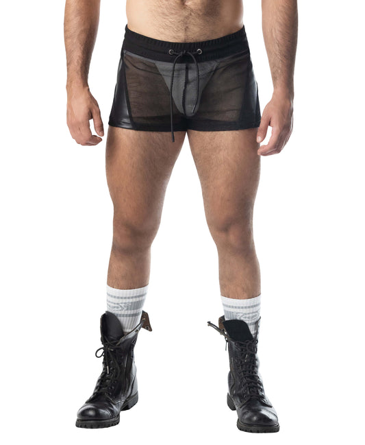 Intake trunk short black mesh boxer shorts with drawstring waistband and shiny faux-leather side panels