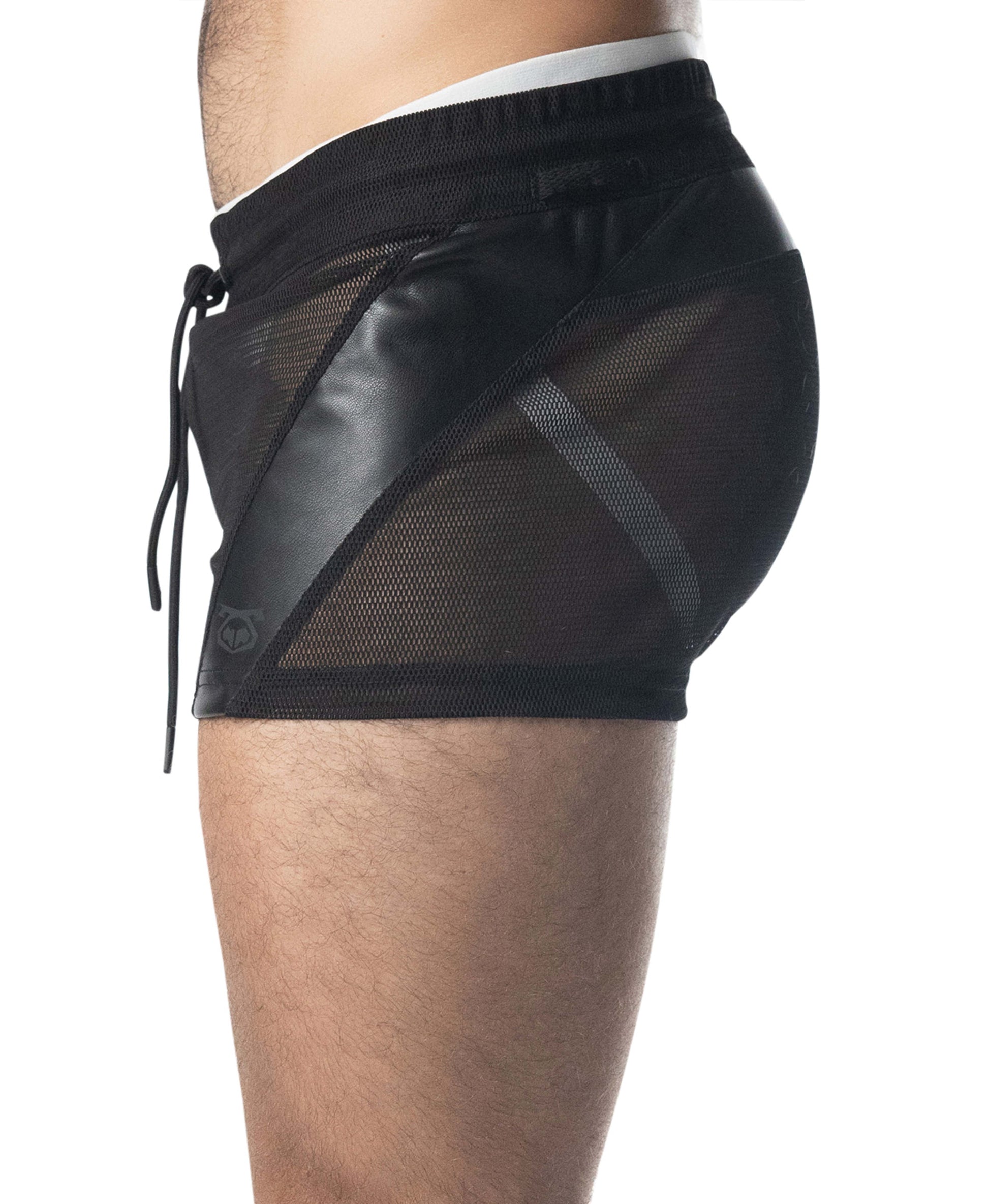 Intake trunk short black mesh shorts with faux leather panels and drawstring waistband for casual wear