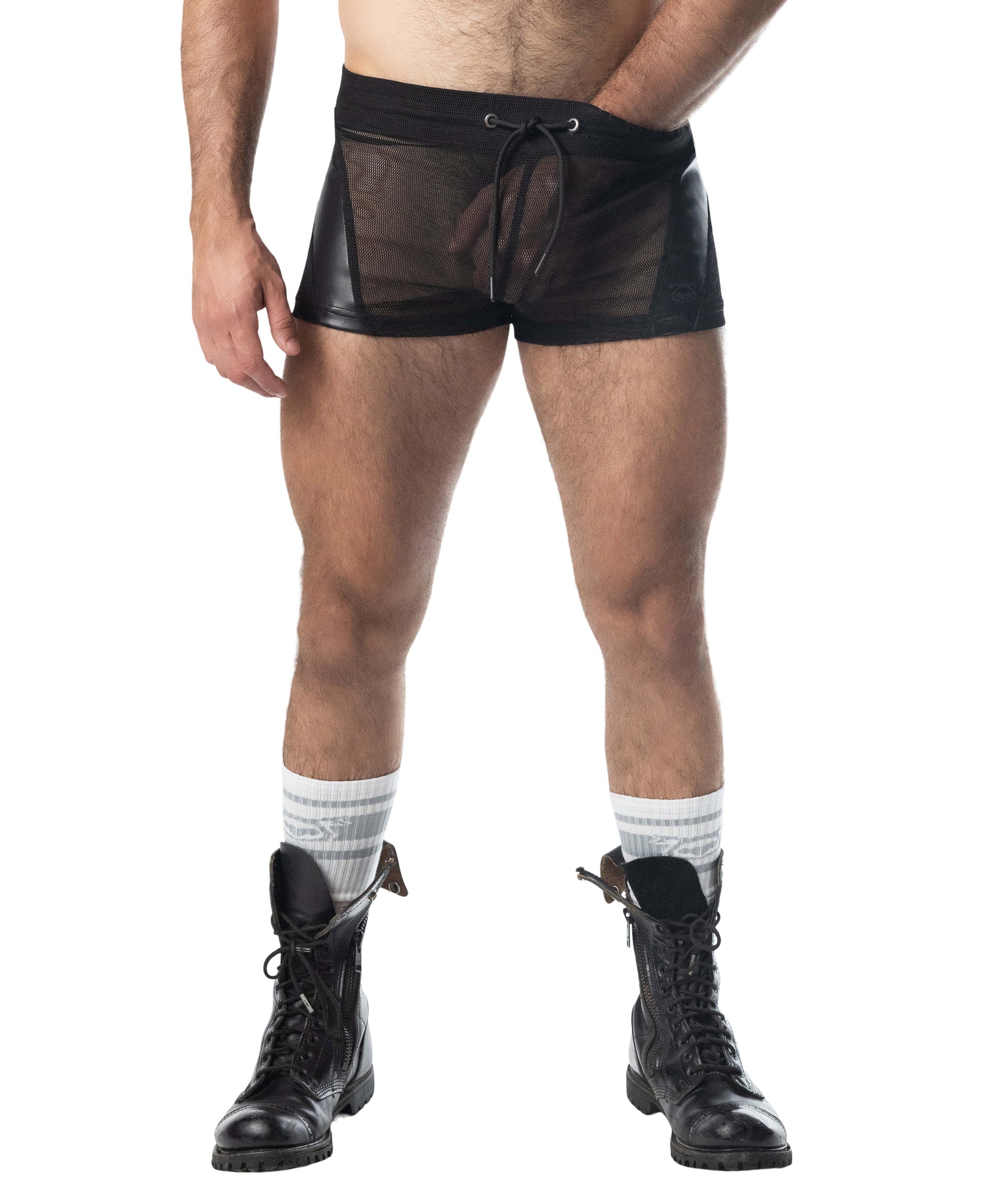 Intake trunk short black mesh shorts with shiny faux-leather waistband and drawstring closure for activewear