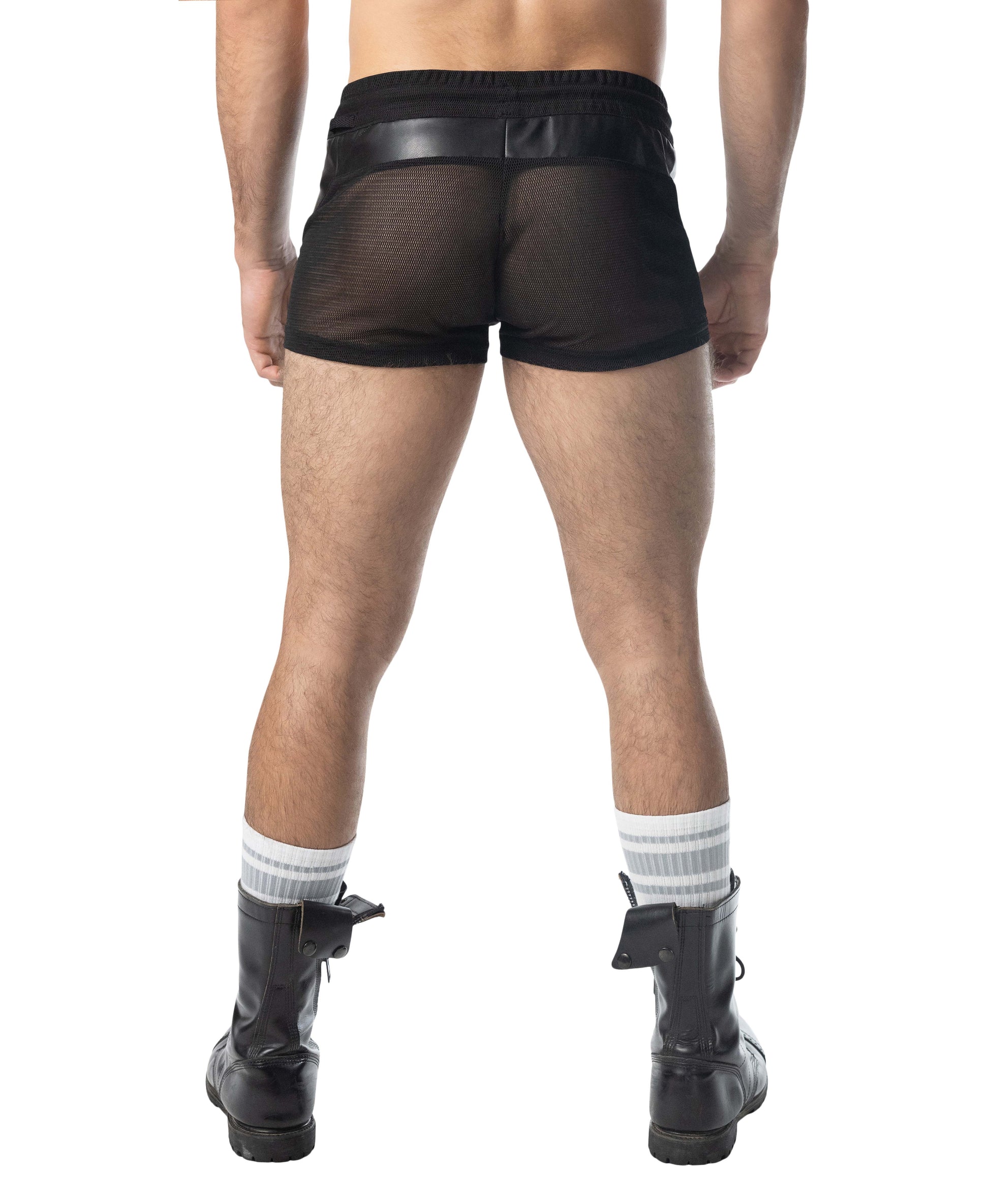 Intake trunk short black mesh shorts with faux leather waistband for sporty casual wear