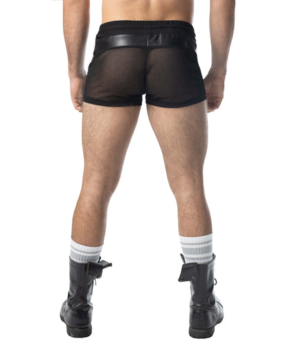 Intake trunk short black mesh shorts with faux leather waistband for sporty casual wear