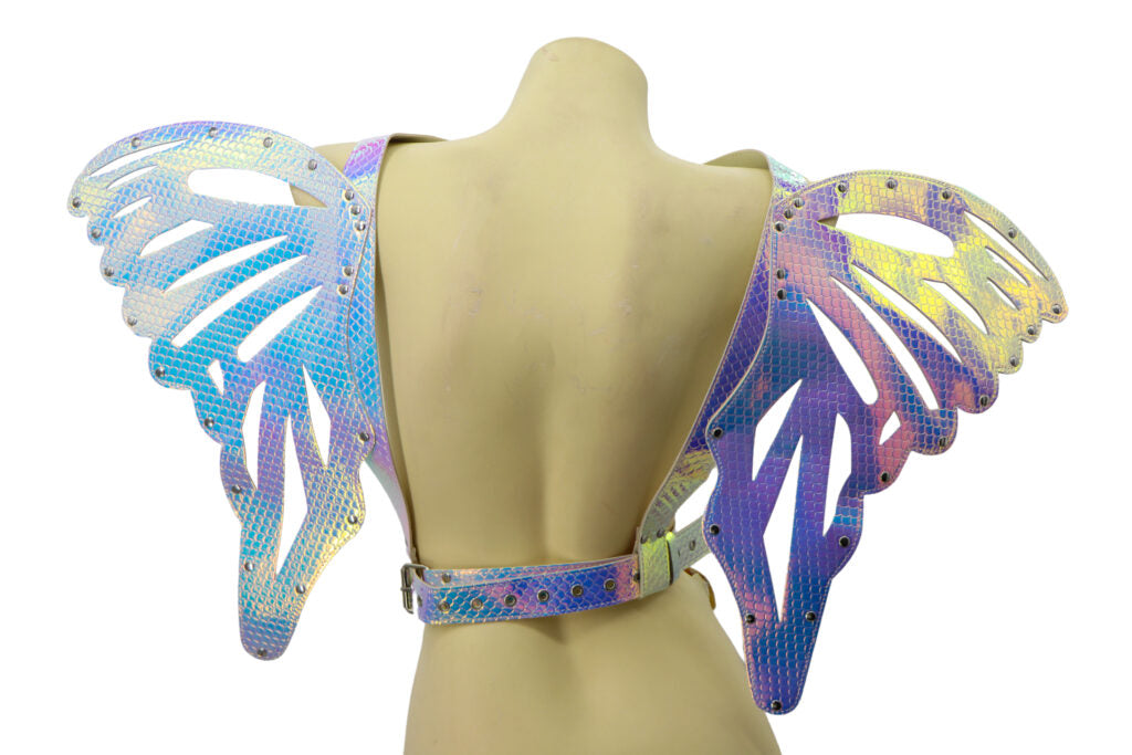 Iridescent butterfly wings harness with snakeskin texture and metallic rivets showing the back side of the product