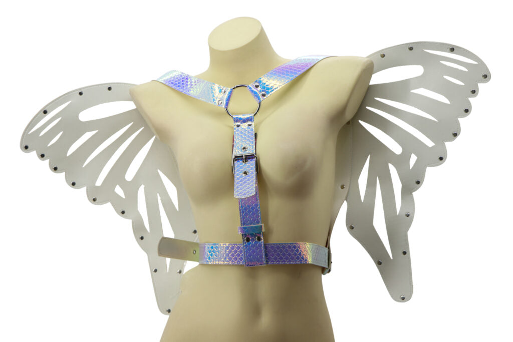 Iridescent butterfly wings harness with metallic silver holographic wings and adjustable straps for wearable use