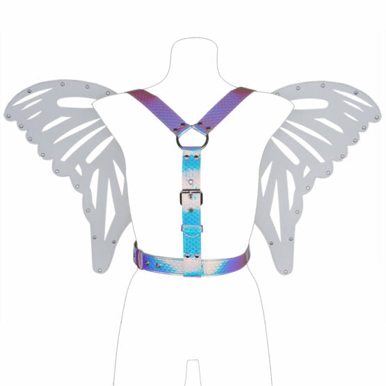 Iridescent butterfly wings harness with blue and purple iridescent wings and metallic silver accents