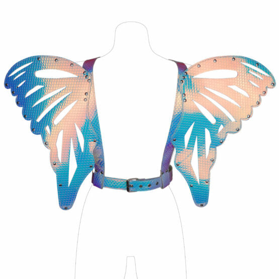 Iridescent butterfly wings harness with blue and peach gradient winged design and metallic stud details
