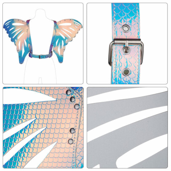 Iridescent butterfly wings harness with mermaid-scale patterned blue and pink holographic material and silver hardware