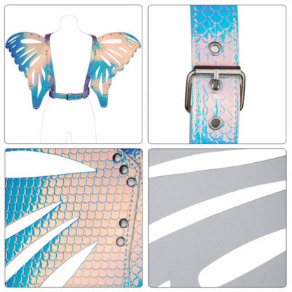 Iridescent butterfly wings harness with mermaid-scale patterned blue and pink holographic material and silver hardware