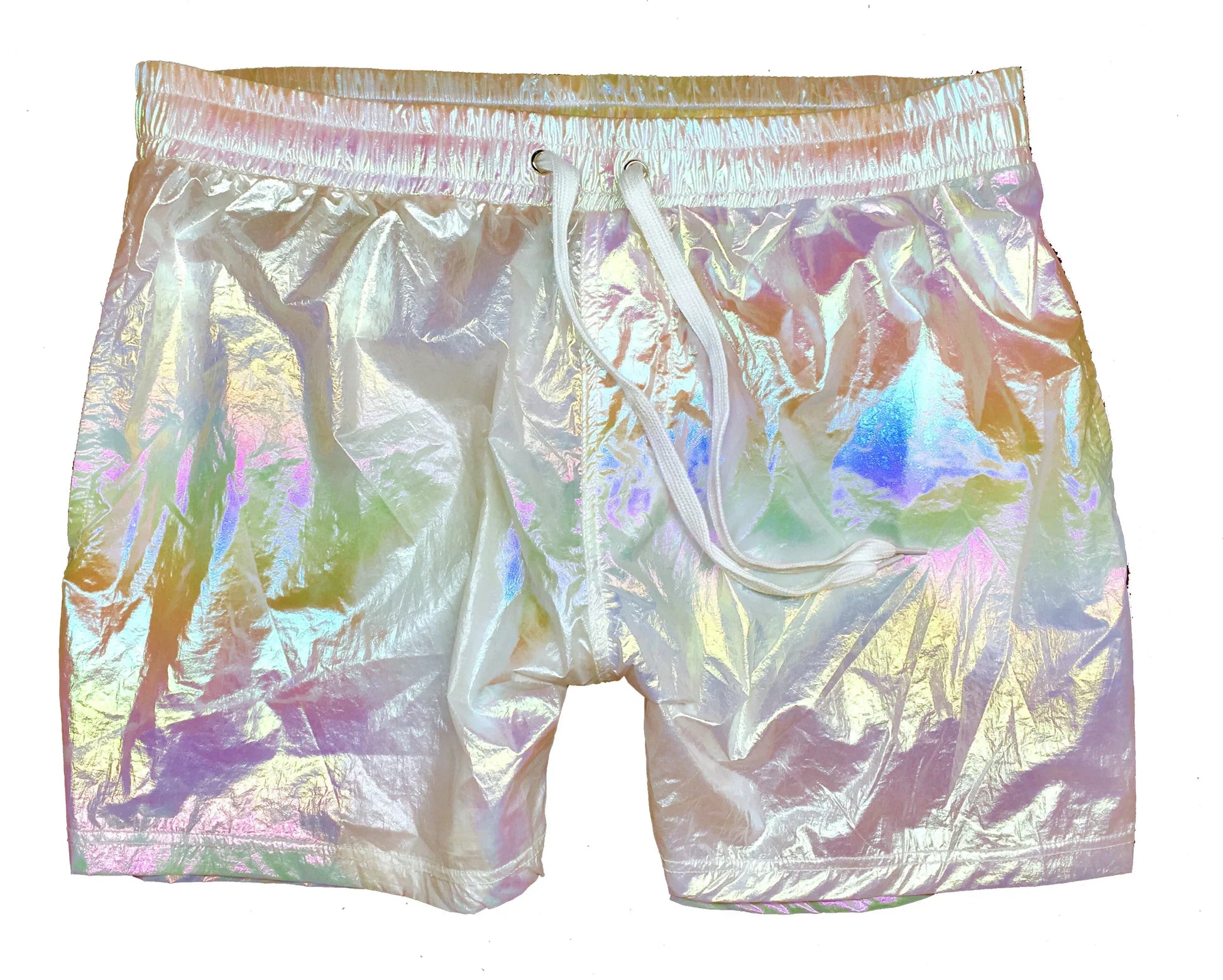 Iridescent rave shorts with a shiny reflective surface shifting between white pink and gold hues