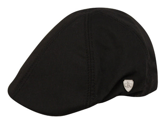 Black ivy cap flat cap with subtle texture and small silver shield emblem on the side