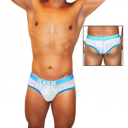Light blue and white lace-trimmed icker sea acid mesh piping brief underwear with bold logo waistband
