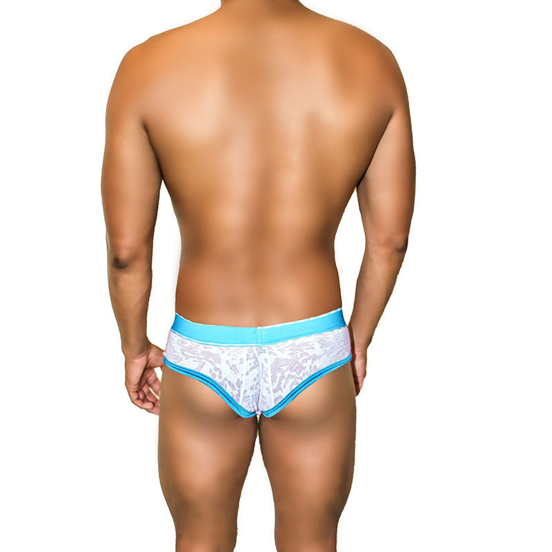 Icker Sea acid mesh piping brief underwear in white lace with bright blue elastic waistband and trim