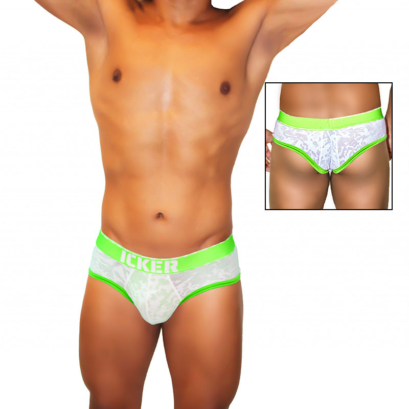 Icker sea acid mesh piping brief underwear in white lace with bright neon green trim and branded waistband
