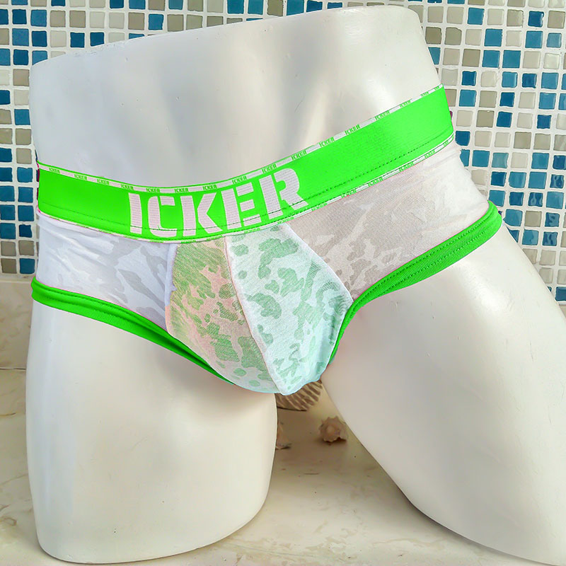 Icker sea acid mesh piping brief underwear with bright neon green waistband logo and light blue camouflage lace fabric