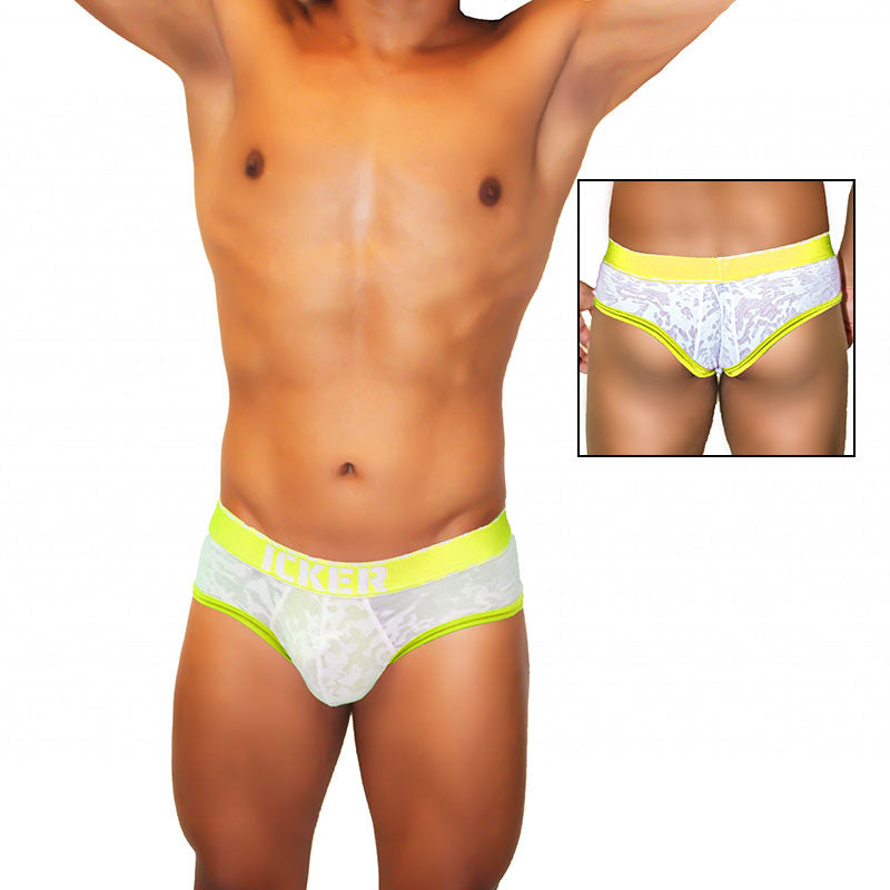White lace men’s briefs with neon yellow trim and waistband featuring a subtle pattern from icker sea acid mesh piping brief mango