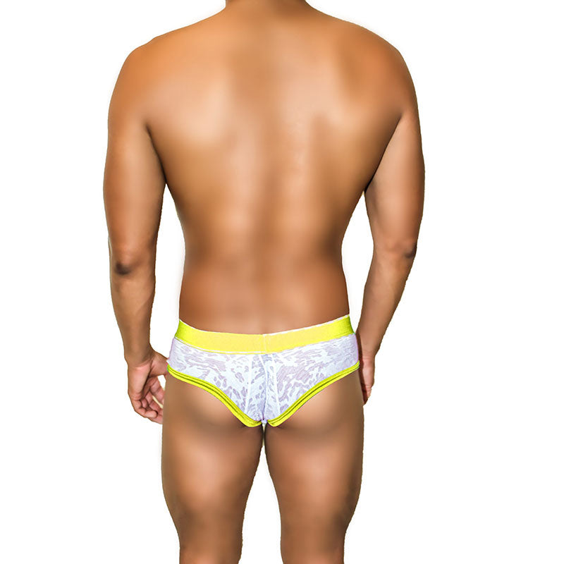 Icker Sea acid mesh piping white lace briefs with neon yellow waistband and trim in mango color COI-21-02