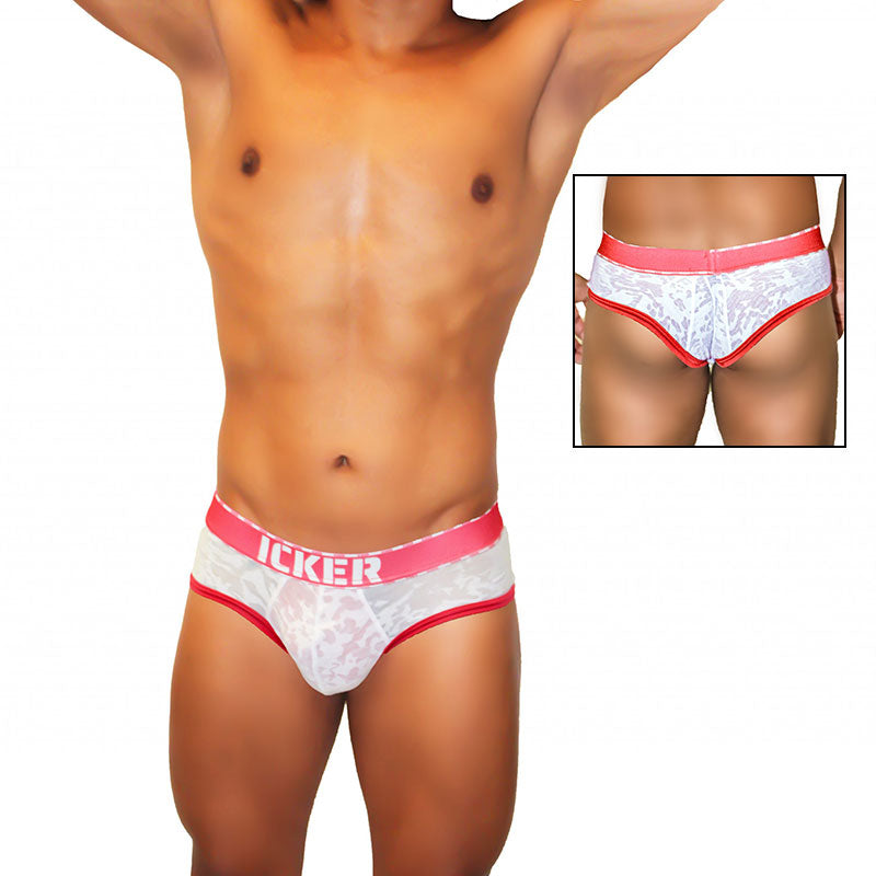 White lace briefs with red trim and pink waistband featuring icker brand name sea acid mesh piping brief underwear red
