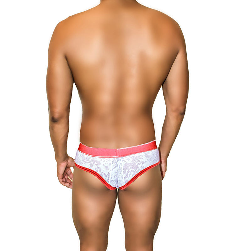 White lace briefs with red piping and elastic waistband by icker sea acid mesh piping brief underwear red COI-21-02