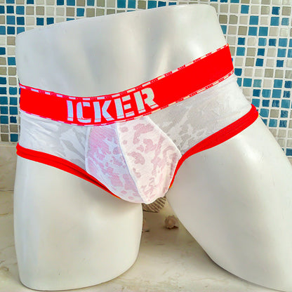 White and red icker sea acid mesh piping brief underwear with pink floral lace panel and branded waistband