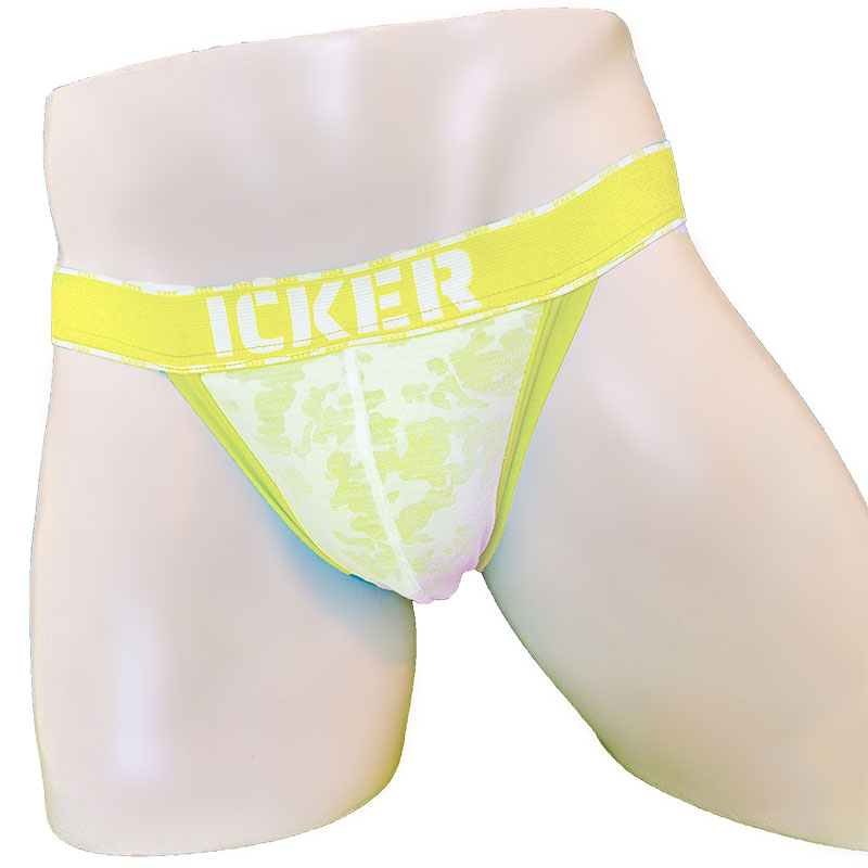 Vibrant neon yellow and white camouflage mesh piping cheeky tanga briefs with icker logo waistband mango coI-21-03
