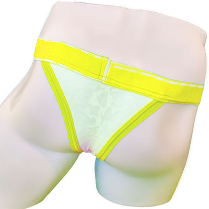 Bright yellow-trimmed sheer white lace thong with subtle pattern from Icker Sea acid mesh cheeky tanga bikini underwear mango