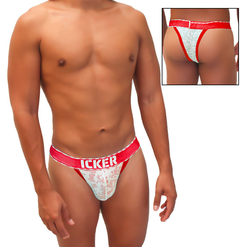 Red and white lace Icker Sea Acid mesh piping cheeky tanga thong underwear with branded waistband visible from the back