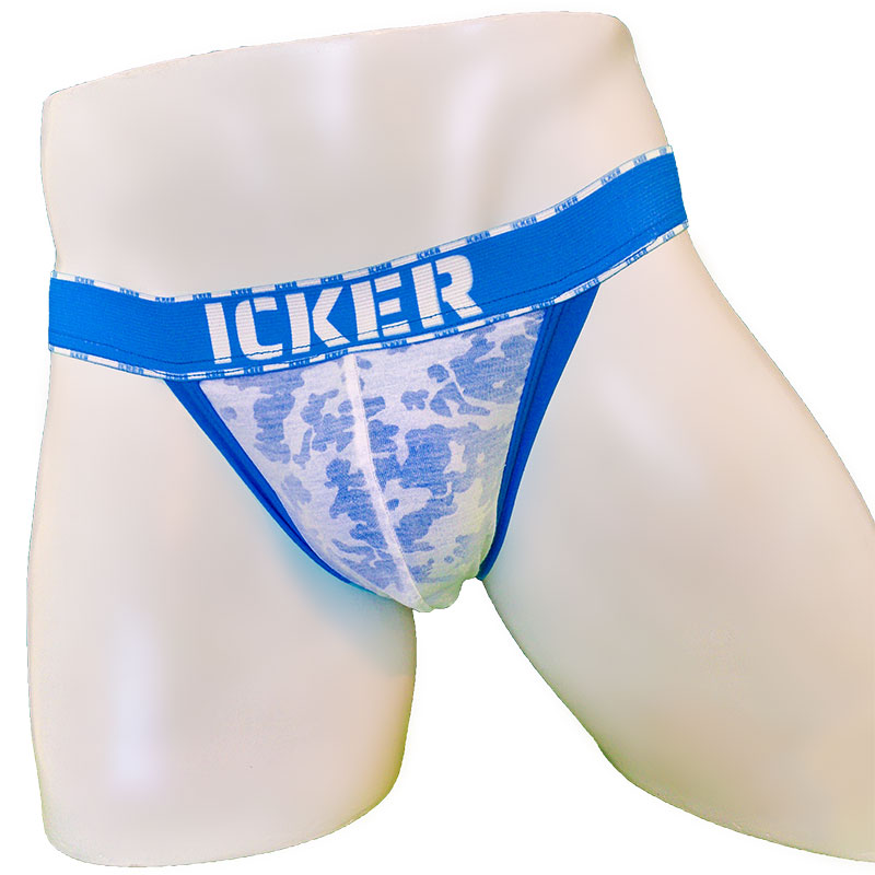 Blue lace-trimmed royal blue cheeky tanga briefs with mesh piping and bold icker logo on waistband