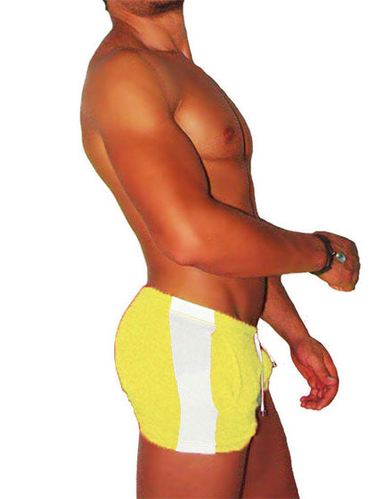 Icker sea air fitness side stripe swim trunks in bright yellow with a bold white vertical stripe down the side