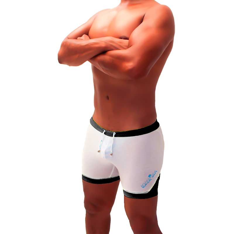 Icker Sea athletic mesh shorts white with black trim and subtle blue logo designed for active wear