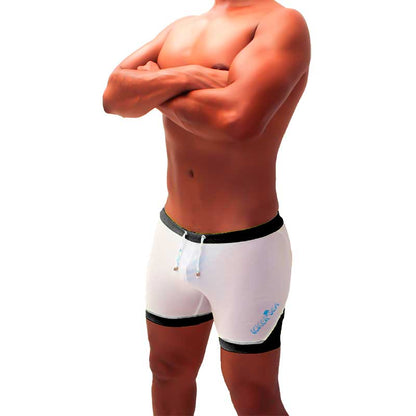 Icker Sea athletic mesh shorts white with black trim and subtle blue logo designed for active wear