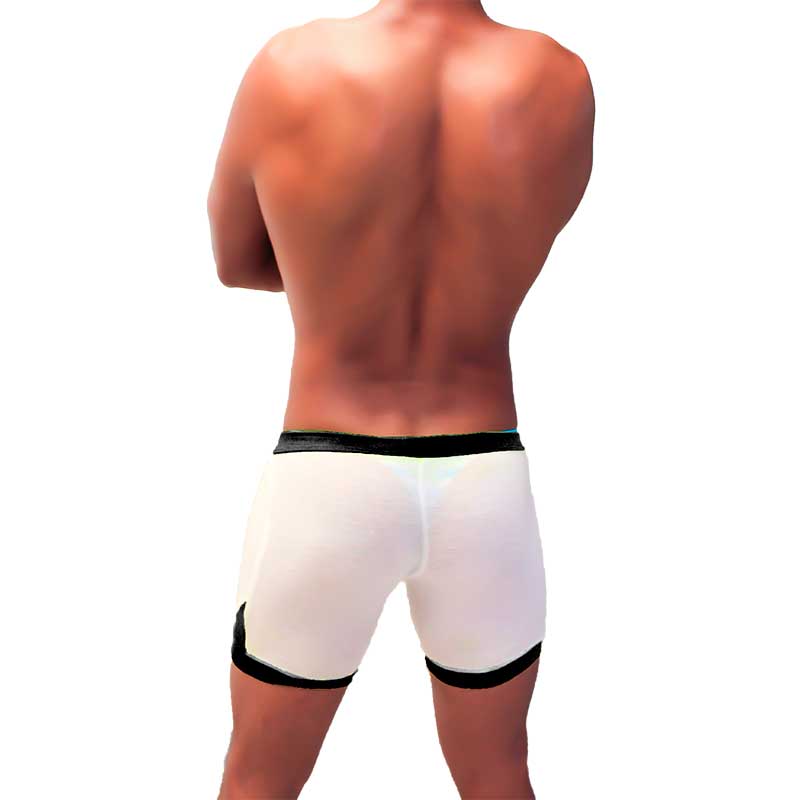 White Icker Sea athletic mesh shorts with black contrast trim on waistband and leg openings for active wear