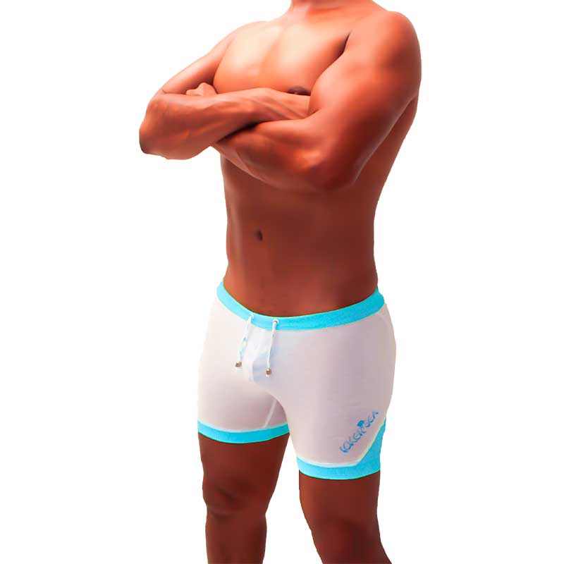 White swim trunks with light blue trim and drawstring waistband from icker sea athletic mesh contrast trim shorts blue shr 22 01