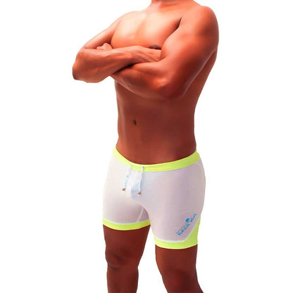 Icker Sea athletic mesh contrast trim white swim trunks with neon yellow trim and blue logo for active use