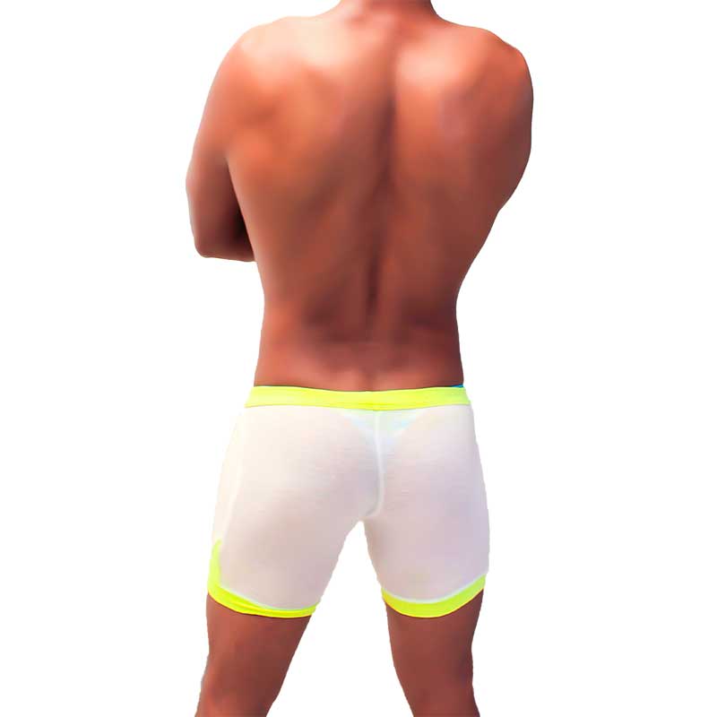 Icker Sea athletic white mesh briefs with neon yellow contrast trim designed for sporty comfort SHR-22-01
