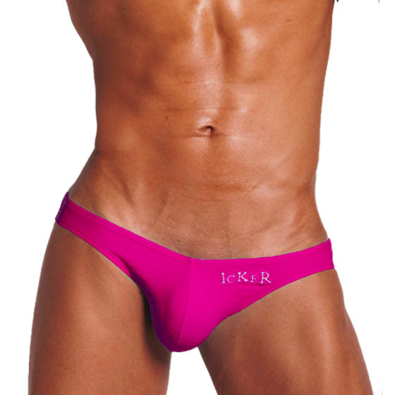Bright fuchsia pink icker sea bottomless jock bikini thong with subtle white joker logo embroidered on front