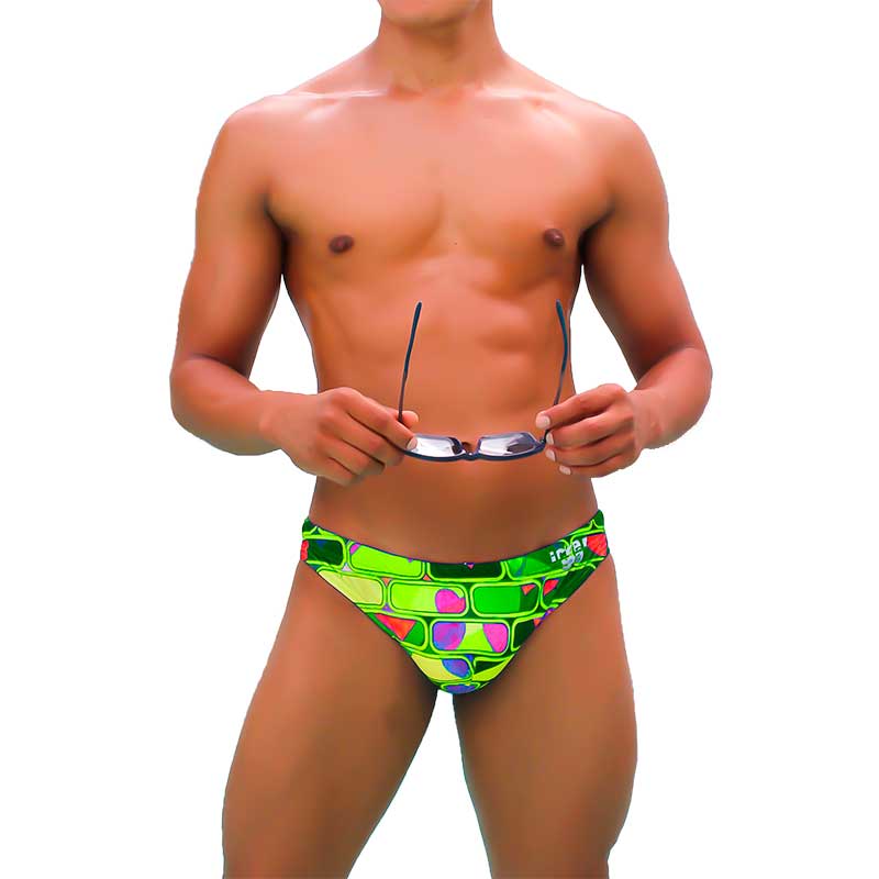 Vibrant neon green icker sea bricks bikini swimwear trunks with bold pink purple and red geometric pattern