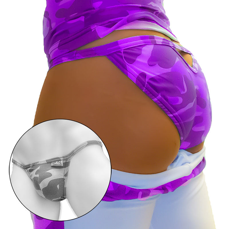 Purple camouflage back cut out micro slip tanga bikini underwear with snug form fitting design by icker sea