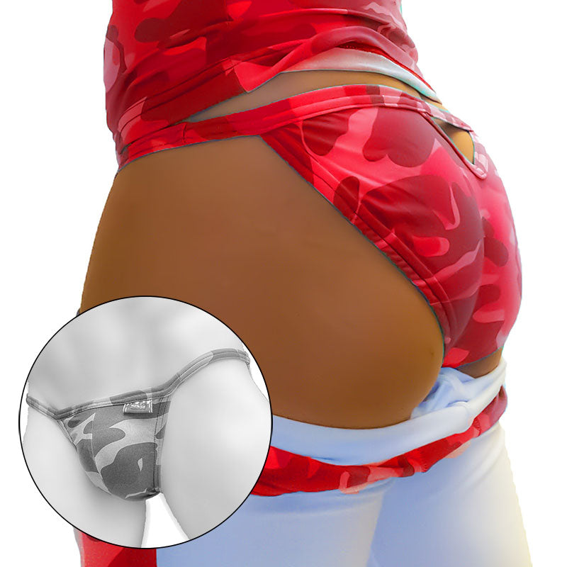 Red camouflage back cut out micro slip tanga bikini underwear with shiny stretchy fabric and silver logo on waistband