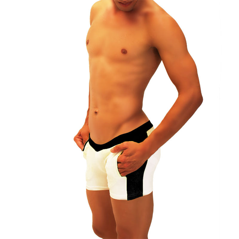Icker Sea contrast side panel jock shorts in black and white with a bold vertical stripe down the side