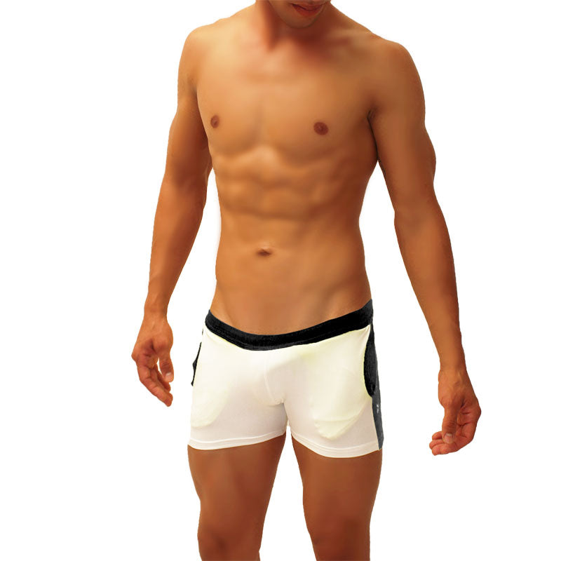 White athletic jock shorts with black elastic waistband and contrast side panels from icker sea shr 19 01