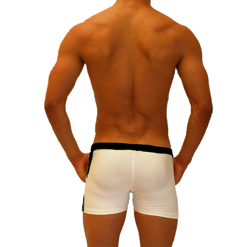White athletic briefs with black waistband and side stripe from icker sea contrast side panel jock shorts black shr-19-01