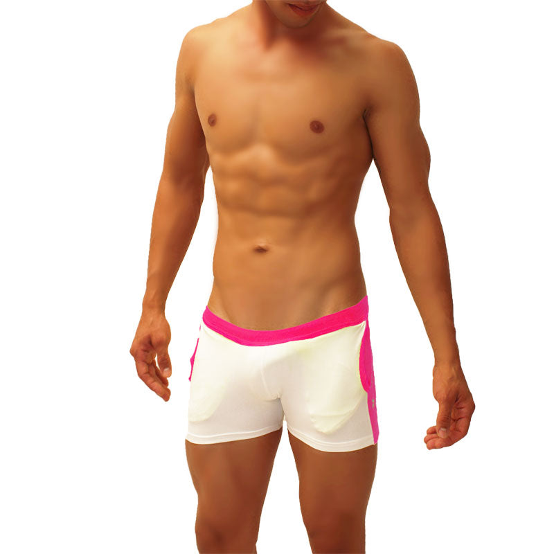 Icker Sea contrast side panel jock shorts in white swim trunks with vibrant fuchsia pink trim and side panels