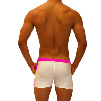 White athletic jock shorts with vibrant fuchsia waistband and side panels from icker sea contrast series SHR-19-01