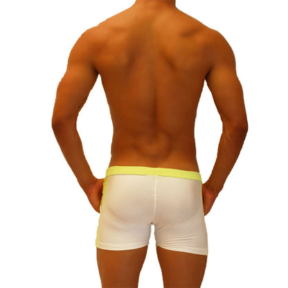 White boxer briefs with bright yellow waistband from icker sea contrast side panel jock shorts mango shr-19-01 collection
