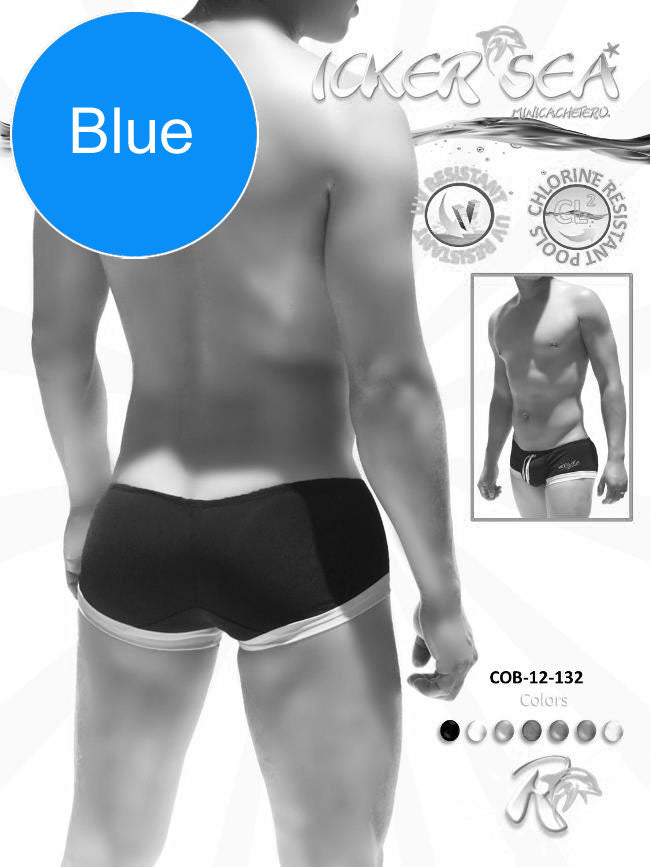 Black icker sea contrast trim mini square cut swim trunks with white trim and chlorine-resistant fabric for pool wear