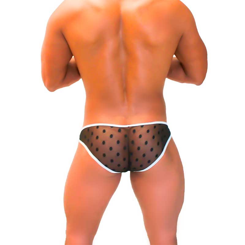 Icker Sea dotted mesh bikini underwear black with white trim sheer polka dot briefs front view