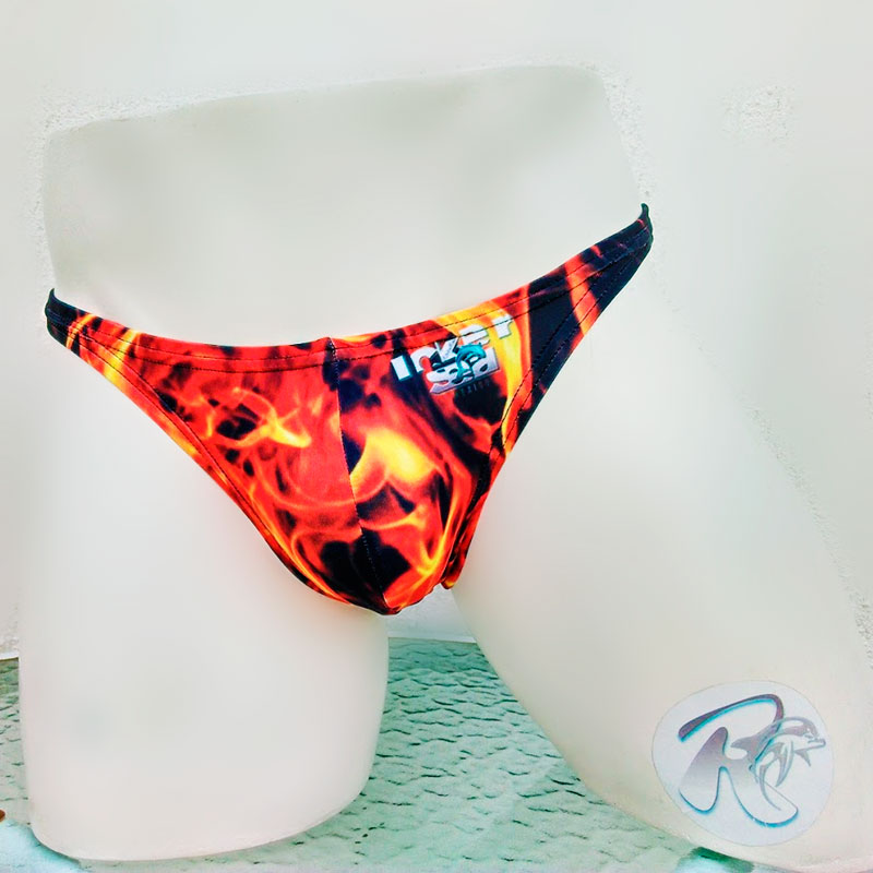 Vibrant red and orange flame-patterned icker sea fire red thong underwear displayed on a mannequin front view