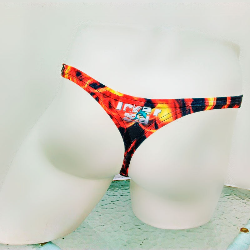 Icker Sea Fire red thong underwear with vibrant orange and black flame pattern and ice logo patch