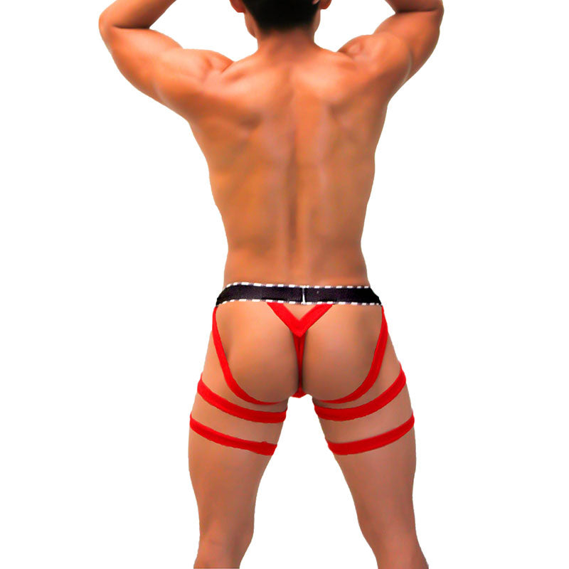 Red and black strappy men’s garter y back g string underwear showing the v-shaped back design by icker sea