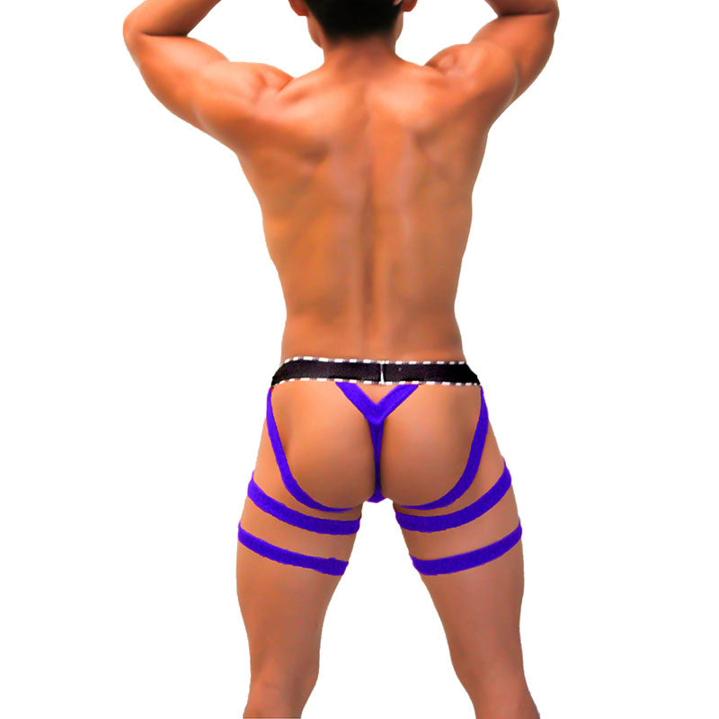 Back view of icker sea garter y back g string underwear in royal blue with purple and black strappy harness design